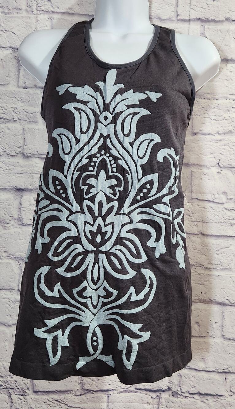 Balance Collection Gray Blue Floral Racerback Top Large Built In Bra Lightweight